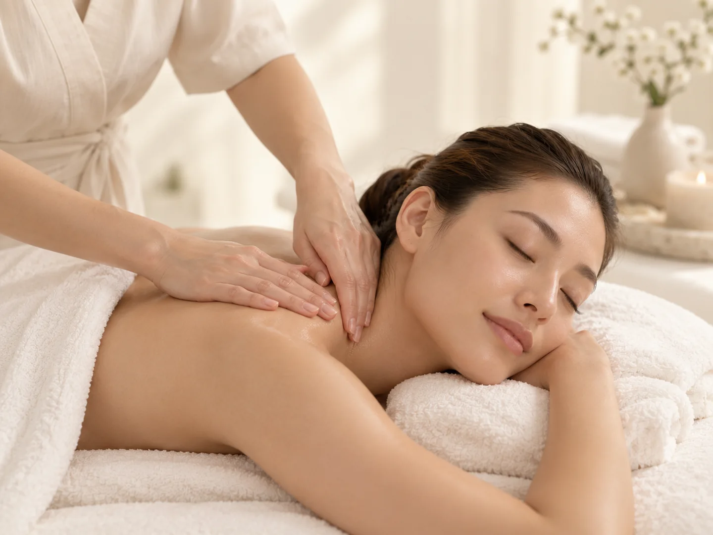 Relaxing back massage in YUNARA’s warm, natural palette